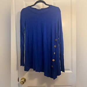 Cobalt blue, long sleeve top, with brown buttons down the front